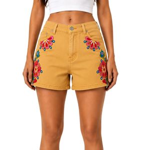 Womens Mustard Yellow Floral Printed Denim <b>Shorts</b> <b>High</b> <b>Waist</b> Casual Summer <b>Jean</b> <b>Shorts</b> Custom Embroidered Fashion OEM Manufactur - Product Image 1