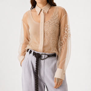 Chemisier beige transparent pour femmes, chemise à col boutonné et manches longues brodée de fleurs - Product Image 1