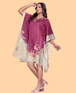 Robe kaftan courte pour femme – Bleu pastel avec imprimé floral abstrait coloré, coupe ample, style tunique. - Product Image 2