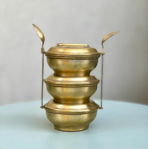 Engraved brass tiffin <b>box</b>, 3 tier antique lunch <b>box</b> with black grip, traditional embossed gold good carrier, at wholesale prices - Product Image 3
