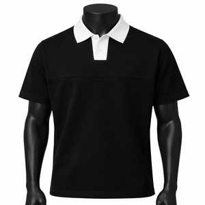 Men's Black Short Sleeve Polo <b>Shirt</b> With White <b>Collar</b> Regular Fit Casual Knitted <b>T</b>-<b>Shirt</b> - Product Image 1