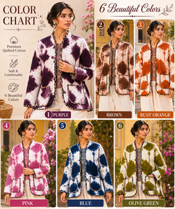 Veste matelassée en coton tie-dye personnalisée pour femme, col mandarin, bordure contrastante, style bohème, manteau d'hiver rembourré avec poches - Product Image 6