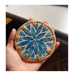 Handmade Ceramic Coaster Round Bohemian Blue Floral Design Rattan Woven Edge Table Mat Decoration - Product Image 1
