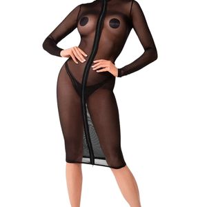 Sexy Sheer Mesh Bodysuit Full Sleeve Turtleneck Bodycon With <b>Zipper</b> And Chest Pads For Party Wear - Product Image 3