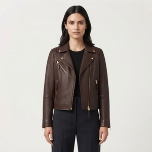 Chaqueta de Motocicleta de Cuero Genuino para Mujer, Manga Larga, Cierre de Cremallera, Cuello Camisero, Ropa de Abrigo para Otoño - Product Image 2