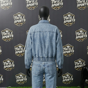 Denim Bomber <b>Jacket</b> Unisex Washed Blue Zipper Front Casual <b>Short</b> <b>Sleeve</b> Turn-down Collar - Product Image 3