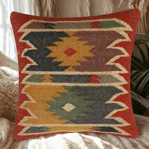 Coussin de chaise carré en laine et jute fait main, motif géométrique abstrait polyvalent, s'adapte à tous les types de chaises - Product Image 4