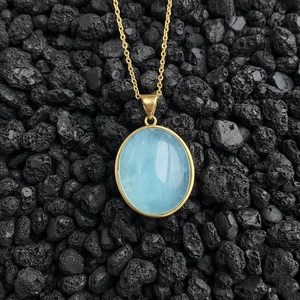 Pendentif ovale en aquamarine naturelle, argent sterling 925 plaqué or 14 carats, pierre précieuse bleue, cadeau de bijoux pierre de naissance de mars - Product Image 3