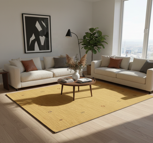 Alfombra Lori Moderna de Algodón Tejida a Mano - Alfombra Floral Amarillo Marrón y Ocre Tejida a Mano, Ecológica y Apta para Mascotas para Sala de Estar - Product Image 1