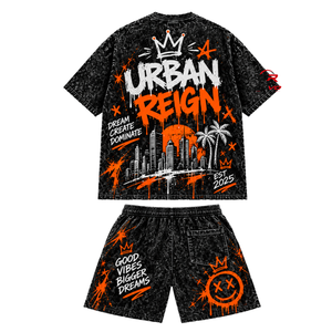 ORVO SPORTS Men's Streetwear T-Shirt <b>Shorts</b> Set Black Graffiti Print Crew Neck Knitted Spandex/Cotton Breathable Summer Casual - Product Image 3