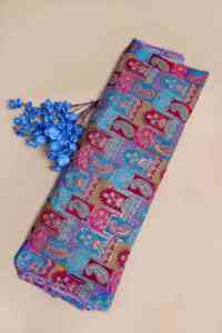 Natural Crepe <b>Blue</b> Geometric Ethnic Placement Print Fabric with Paisley Ornamental Border for All Kind Of Dress <b>Material</b> - Product Image 5
