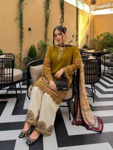 Designer Thread Embroidery Work Roman Silk <b>Top</b> With Plazzo And Georgette Dupatta Fully Stitched Ready To Wear Set - Product Image 2