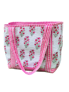 Sac fourre-tout matelassé en coton imprimé à la main avec motifs floraux, sac fait main - Product Image 1