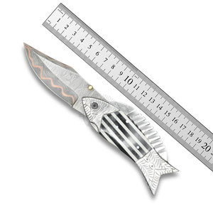 Top Edition Handmade <b>Copper</b> Damascus Fish Style Folding Pocket Knife EDC Hunting Camping Knife w/Steel Engraved Resin Handle - Product Image 6