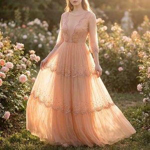 Robe de soirée en tulle perlé couleur pêche, fabricant, vente en gros, robe de bal superposée, fournisseur en gros, usine OEM personnalisée - Product Image 4