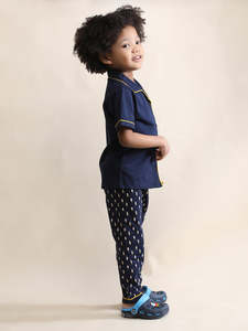 Conjunto de Pijama de Algodón Azul Marino para Niños, Camiseta de Manga Corta Suave con Estampado, Ropa de Dormir Cómoda para Niños - Product Image 3