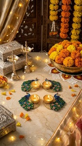 Wholesale Handcrafted Eco-Friendly Peacock Metal <b>Tealight</b> <b>Candle</b> Holders Sets Traditional Indian Festival Diwali Diya Decor Bulk - Product Image 3