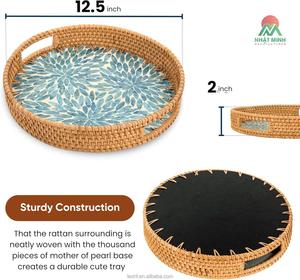 Kitchen & Living Room Applicable Rattan Serving Tray with Mother of Pearl Inlay Wooden Base - Product Image 6