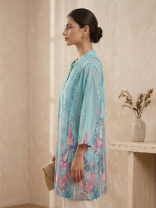 Open Front Mandarin Collar Blue Color Floral Print Shrug Longline Lightweight <b>Cardigan</b> Three Quarter Sleeves Bohemian Outerwear - Product Image 4