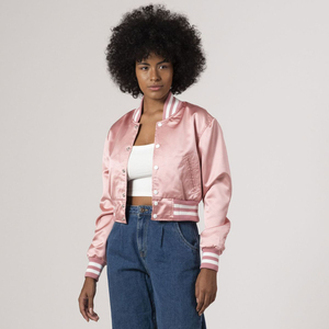Chaqueta Corta de Satén Rosa Claro para Mujer, con Botones a Presión Blancos y Cuello Acanalado a Rayas, Chaqueta Exterior al por Mayor OEM Premium - Product Image 5