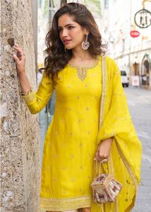 Traje Salwar Kameez de Georgette Amarillo Bordado con Dupatta, Ropa Étnica de Secado Rápido para Mujer, para Fiestas, Bodas, Graduaciones, Diwali - Product Image 3