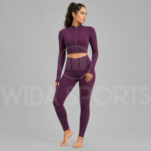 ชุดโยคะผู้หญิง Wida Sports รุ่นใหม่ล่าสุด เนื้อผ้าระบายอากาศดี กางเกงเลกกิ้งเอวสูง เสื้อครอปแขนยาว ไร้ตะเข็บ เหมาะสำหรับออกกำลังกายที่ยิมและฟิตเนส - Product Image 2