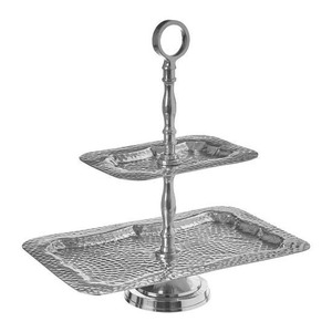 Soporte para Pastel de Dos Niveles de Acero Inoxidable, Rectangular, Acabado Martillado, Bandeja para Servir, Solo Lavar a Mano - Product Image 1