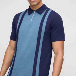 Polo de punto de manga corta para hombre, azul a rayas con bloques de color, diseño casual con cremallera, corte regular, Direct Long Mission Factory. - Product Image 2