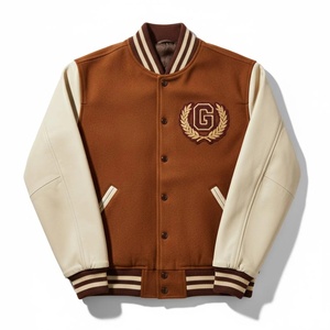 แจ็คเก็ตหนังสีน้ำตาลสำหรับผู้ชายจาก Furat Leathers แบบ Varsity ปักโลโก้ G ด้านหน้า กันลม ระบายอากาศได้ดี คุณภาพสูง สไตล์ Preppy สำหรับฤดูหนาว - Product Image 1