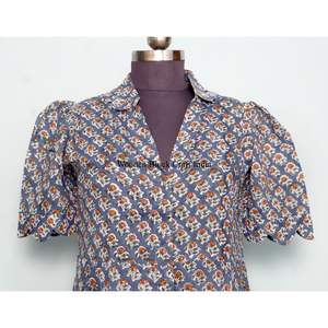 Robe midi pour femme 100 % coton, très vendue, écologique, lavable, nettoyage à sec, respirante, boutonnée au dos, imprimée, col en V, manches courtes - Product Image 2