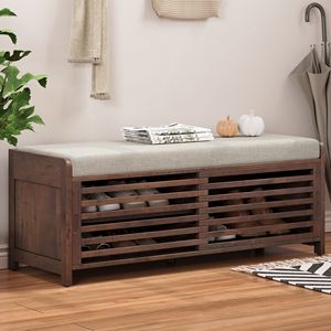 Panca portaoggetti con tapparelle in stile retrò con impiallacciatura di Acacia per soggiorno e ingresso - Product Image 1