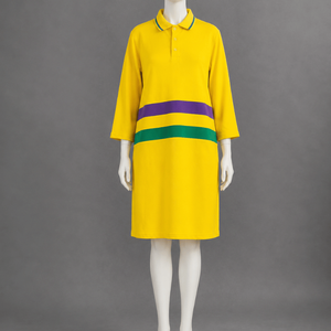 Robe polo décontractée en coton éponge pour femmes avec manches trois quarts, robe jaune inspirée du Mardi Gras avec des touches violets et verts audacieux - Product Image 2
