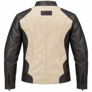 Blouson de moto en cuir noir et crème bicolore, col montant, fermeture éclair décalée, unisexe, vêtement d'extérieur pour motard, fabricant en gros - Product Image 2