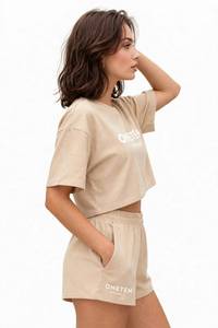 Women Casual Full Sleeve Hooded Top and <b>Elastic</b> <b>Waist</b> Shorts 3 Piece Set Solid Beige Breathable Fleece Winter Outfit - Product Image 2