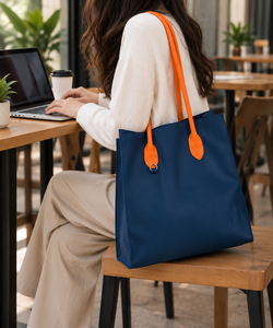 Beena's Blue PU Leather Fashion Solid <b>Tote</b> Bag with Orange Handles Button Closure <b>Gym</b> & Sport Daily Use Shoulder Length - Product Image 5