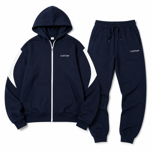 Best Quality <b>Women</b> Dark Blue Tracksuit Full Zip Hooded Sweatshirt Panel Sleeve <b>Jogger</b> Pants Set Two Piece <b>Fleece</b> Activewear Suit - Product Image 3