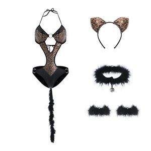 Ensemble de lingerie sexy en dentelle à imprimé léopard pour femmes, 5 pièces, OEM personnalisé, avec costume de jeu de rôle, 95% polyester, sans couture et respirant - Product Image 6