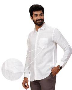 Chemise décontractée d'été pour homme en lin 100 % écologique, tissée, teinte unie, manches longues, col rabattu, blanche, fermeture à bouton unique - Product Image 1