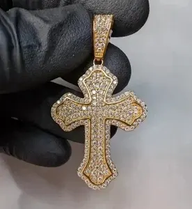 Pendentif Croix en Moissanite, Argent Sterling 925 Plaqué Or, Style Hip Hop, Bijoux Religieux pour Femme, TISHYA DIAMOND - Product Image 1