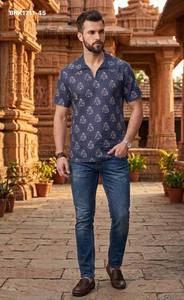 Best Fabric Cotton with All-Over Ganesha Print Half-Sleeve <b>Shirt</b>-Collar Short-Kurta <b>Man's</b> Collection <b>Indian</b> Supplier - Product Image 4