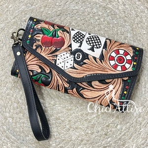 Luxurious High Quality Hand Tooled Leather Wallet With <b>Wristlet</b> Cherry Poker Card Design Purse for Women Genuine Leather Clutch - Product Image 1