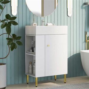 Mobile Bagno Impermeabile Bianco da 21.6'' con Lavabo Singolo in Ceramica e Mobiletto Contenitore a Sinistra, Specchio Integrato, Ideale per Hotel - Product Image 3