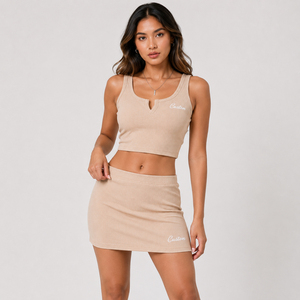 Conjunto de Top Corto y Minifalda Acanalado para Mujer al por Mayor, Conjunto de Dos Piezas Personalizado, Ropa Casual Bordada para Primavera/Verano - Product Image 1