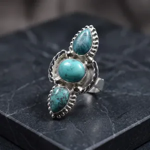 Bague statement en argent sterling 925, turquoise tibétaine effet toile d'araignée, trois pierres, faite à la main, style bohème, pour femmes - Product Image 2