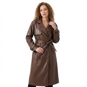 Brown PU Leather Trench <b>Coat</b> <b>Women</b> Long Sleeve <b>Double</b> <b>Breasted</b> Belted Elegant Autumn Outerwear Solid Color Full Length - Product Image 6