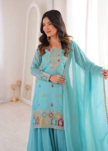 Turquoise Embroidered Pure Soft Crunchy Silk Quick Dry <b>Kurta</b> Palazzo Set Dupatta <b>Women</b> Indian Pakistani Traditional Floor Length - Product Image 3
