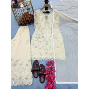 Conjunto de traje de mujer Heavy Faux Georgette Pure Top Plazzo & Dupatta para ropa de fiesta - Product Image 1