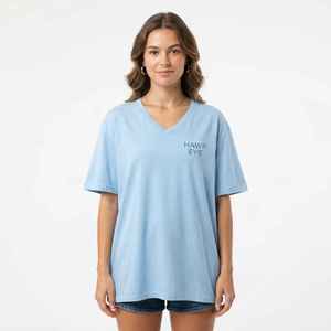 <b>Women's</b> Light Blue <b>V</b>-<b>Neck</b> Short Sleeve <b>T</b>-<b>Shirt</b> Loose Fit 100% Cotton Casual Jersey Print Logo Top Spring Summer - Product Image 3