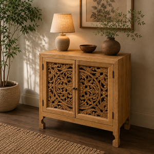 Handcrafted Solid Wood Carved 2 Door Cabinet with Ornate Floral Panels <b>Rustic</b> Indian Boho Style Storage <b>Sideboard</b> Furniture - Product Image 5