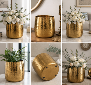 Vase à fleurs en métal martelé artisanal, finition dorée, centre de table décoratif, décoration moderne pour la maison, support pour plantes - Product Image 6